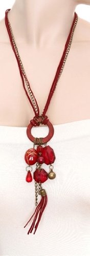 Improving Lifestyles Long Necklace O Ring with Beads and Tassle Red