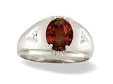 14K White Gold Genuine Oval Garnet and Diamond Men's Ring