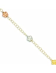 14K Gold Tri-color Puff Flowers Bracelet 7.25 Inches