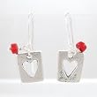 Rectangular Cut Out Heart Dangle Earrings in Sterling Silver with Coral Gemstone Bead Accents, #8641