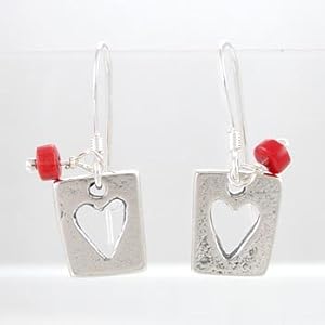 Rectangular Cut Out Heart Dangle Earrings in Sterling Silver with Coral Gemstone Bead Accents, #8641
