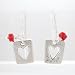 Rectangular Cut Out Heart Dangle Earrings in Sterling Silver with Coral Gemstone Bead Accents, #8641