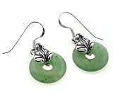 : GREEN AVENTURINE DONUT LILYPADS DETAILED FROGS STERLING SILVER HOOK EARRINGS