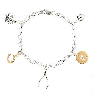 Good Luck Charm Rolo Bracelet with Horseshoe, Wishbone, Four Leaf Clover, and Acorn Charms in Sterling Silver and Gold Vermeil, 7" in Length, #7881