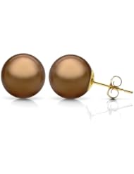 14K Yellow Gold 10-11mm Perfect Round Chocolate South Sea Pearl Stud Earring.