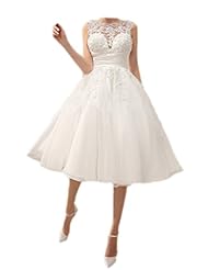 A-line Tulle Knee Length Applique Sheer Backless Wedding Dress 
