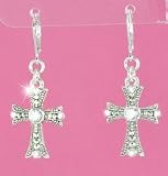 Beautiful Antique Silver Filigree Cross Charm Dangle Earrings with Crystals