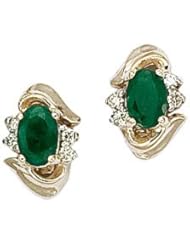14K Yellow Gold Oval Emerald and Diamond Earrings