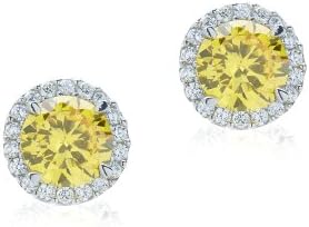 Rhodium Plated 925 Sterling Silver Round Shaped Simulated Canary Cz Stud Earrings