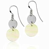 Platinum Silver Disk Circular Genuine Mother Of Pearl Dangling Earrings