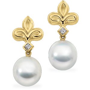 18k S. Sea Cult. Pearl Rough Diamond Earring 1/6ct 12mm Circle - JewelryWeb