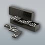 DOMINOES/DOMINO [Made in Russia. Classic dominoes, in black plastic] [A version of the traditional game of dominoes. Large chips and simple rules allow even the very youngest players to quickly take part in it with pleasure. The game develops attention span, attentiveness, memory, and the ability to make decisions independently. To Play: Turn all dominoes face down and mix them up. Each player chooses five dominoes and stands them on the edge, facing so that the other players cannot see the dots. The remaining dominoes become the draw pile. The player who has chosen the highest double domino goes first. He places it in the center of the table to begin. The second player tries to match one of his dominoes to one end of the double. Game continues until one player has used up all of his dominoes or until no one can make a move]