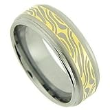 8mm Men's Tungsten Carbide Ring Wedding Band with 14K Engraved Mokume Style Decoration