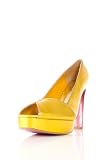 Gold Matte Leather Open Toe Platform with Metallic Snakeskin Stacked Heel