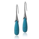 Natural Turquoise Tear Drop / Stick Shaped Design Fine Sterling Silver Earrings with Rhodium Plated