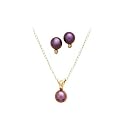 14K Yellow Gold 0.05 ct. Diamond and Black Pearl Fashion Earrings and Necklace Jewelry Set