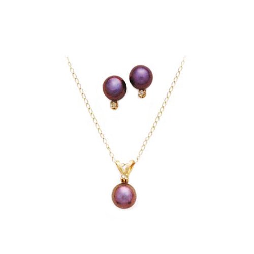 14K Yellow Gold 0.05 ct. Diamond and Black Pearl Fashion Earrings and Pendant with Chain Set