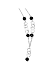 Sterling Silver 18in & Black Bead Polished & Textured Drop Necklace