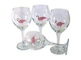 ArtisanStreet's Flamingo Design Design Hand Painted Wine Glasses. Set Of Four Goblets. Set Features Pink Flamingos. One Of A Kind & Signed By Artisan.