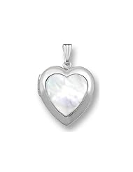 14k White Gold Mother Of Pearl Heart Locket 3/4 inch x 3/4 inch Solid 14K White Gold