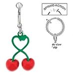 Fake Belly Navel Non Clip on Piercing Cherry's w/ Heart Stems Dangle Ring