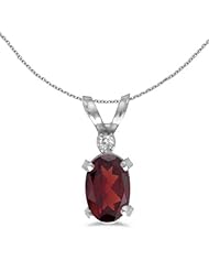 10k White Gold Oval Garnet And Diamond Filagree Pendant with 16" Chain