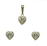 Set of 2 - 9ct Yellow Gold Heart cz rubover earring & heart rubover cz pendant on diamond cut curb chain