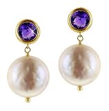 14K Gold White Coin Pearl with Amethyst Earrings