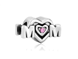 Antique Silver Tone Pink Rhinestone Mom Charm Bead Fits Pandora Style Bracelets