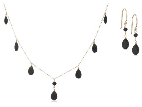14k Yellow Gold Pear Shaped Black Onyx Necklace and Earring Set