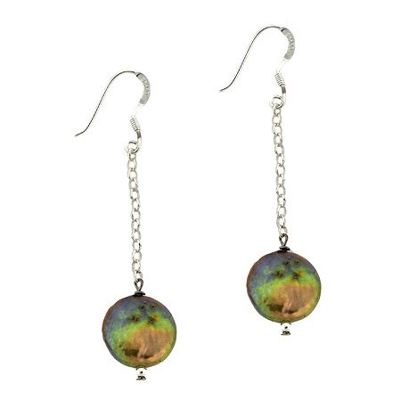 Sterling Silver Genuine Freshwater Cultured Green Coin Pearl Drop Earrings