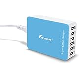 Foxnovo 50W 10A 6 Port Desktop USB Charger Hub, Multi Port USB Charger IC Protection for Apple iPhone, Android and Most USB Charged Devices (White+Sky Blue)