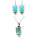 Sterling Silver Turquoise Inlay Rectangle Drop Earrings with Beads and Matching Pendant Set, 16