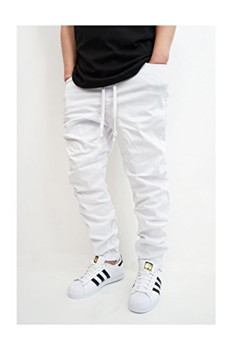 URBANJ MEN'S WHITE TWILL DROP CROTCH JOGGER PANTS