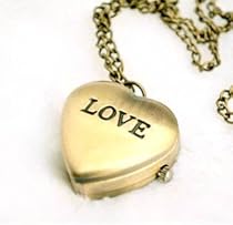 Pocket Watch long necklace with heart shaped pendant LOVE engraved vintage retro art deco jewellery