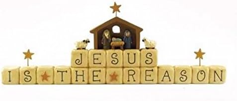 Christmas Block shelf-sitter spells out Jesus is the reason in primitive style, with whimsical nativity figurine top