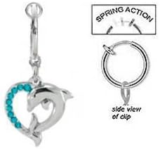 Fake Belly Navel Non Clip on Aqua Blue zircon Dolphin Heart Dangle Ring