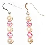 Beautiful Akoya Cultured Pearl & Pink Swarovski Crystal Sterling Silver Dangle Earrings 6 - 6.5mm Saltwater Pearls