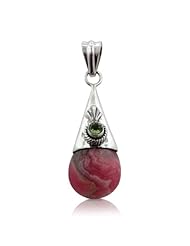 Pink Rhodochrosite Teardrop and Peridot Sterling Silver Pendant