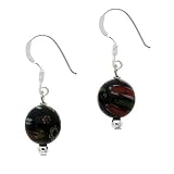 Sterling Silver .925 Murano Glass Black Round Bead Millefiori Dangle Earrings