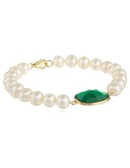 White Potato Freshwater Cultured Pearl and Faceted Green Onyx Bezel Gold over Silver Clasp Bracelet, 7.5"