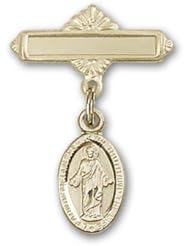 14kt Gold Baby Badge with Scapular Charm and Polished Badge Pin