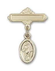 14K Gold Baby Badge with Scapular Charm and Polished Badge Pin