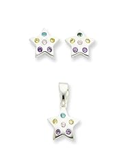 Sterling Silver Multi-colored CZ Star Earring & Pendant Set. Metal Wt- 2.75g