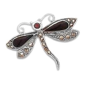 Black Onyx Garnet Sterling Silver Pin, 1.125 in tall, 1.625 in wide by Silver Messages--Free US Shipping