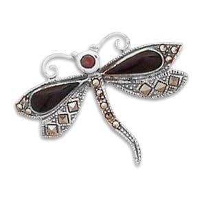 Black Onyx Garnet Sterling Silver Pin, 1.125 in tall, 1.625 in wide by