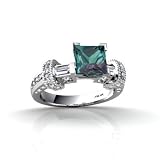 14K White Gold Square Created Alexandrite and Diamond Engagement Ring