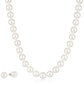 14k Yellow Gold Akoya Cultured Pearl 6.5-7mm Necklace and Stud Earring Set
