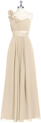 Sweetheart Neckline Chiffon Flowers Over Shoulder Champagne Bridesmaid Dresses