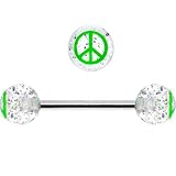 Clear Glitter Green Peace Sign Barbell Tongue Ring